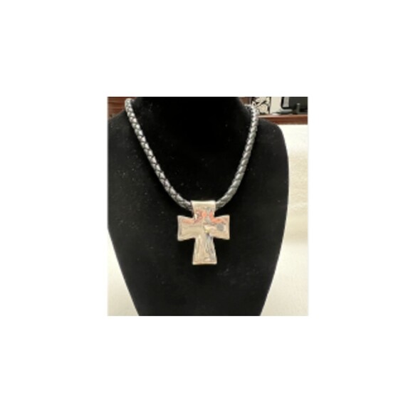 Silver Jewelry - Cross Pendant Fashion Silver Stainless Steel Black Soft Rope Necklace